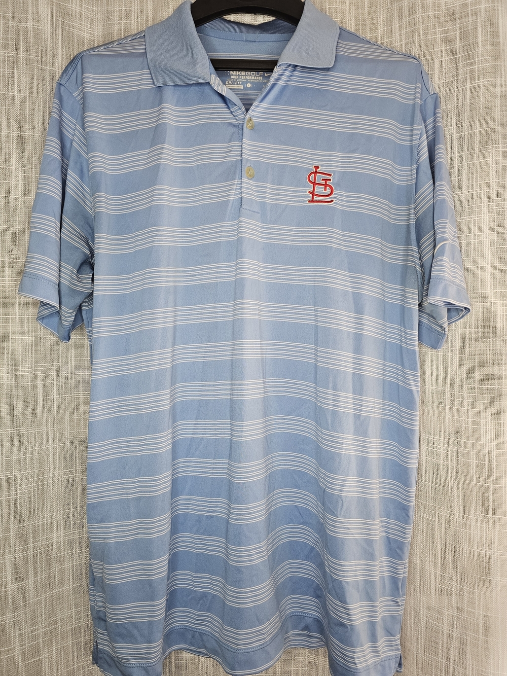 Nike Golf Tour Performance Dri Light Blue Striped Polo with Red Saint Louis Logo